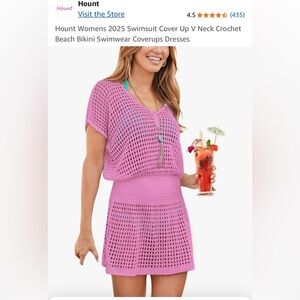 Pink V-Neck Crochet Bathing Suit Coverup